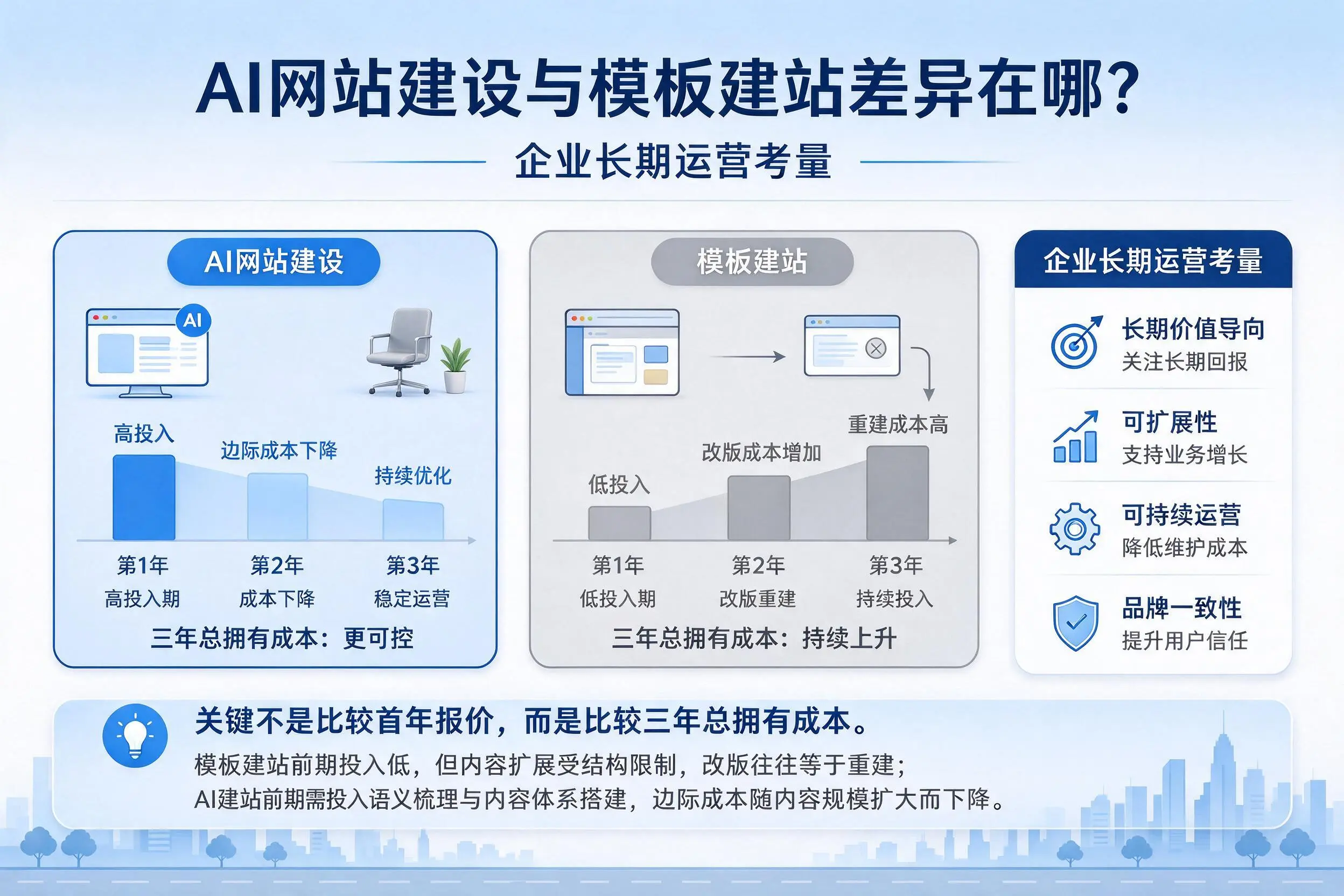 AI网站建设与模板建站差异在哪?云浮企业长期运营考量